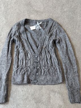 Aeropostale Gray Cable Knit V-Neck Button Cardigan Medium-Nwt